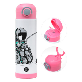 Little astronaut fishing, Children's hot water bottle, stainless steel, with safety straw, PINK (500ml)