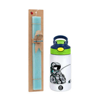 Little astronaut fishing, Easter Set, Children's thermal stainless steel bottle with safety straw, green/blue (350ml) & aromatic flat Easter candle (30cm) (TURQUOISE)