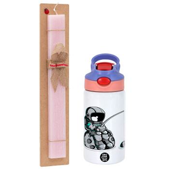 Little astronaut fishing, Easter Set, Children's thermal stainless steel water bottle with safety straw, pink/purple (350ml) & Easter scented flat candle (30cm) (PINK)