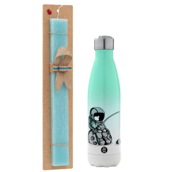Little astronaut fishing, Easter Set, Metallic green/white thermos (Stainless steel), double-walled, 500ml & scented flat Easter candle (30cm) (TURQUOISE)