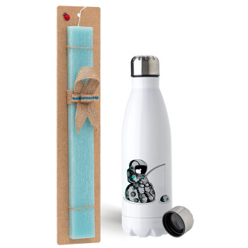 Little astronaut fishing, Easter Set, metallic stainless steel water bottle (750ml) & aromatic flat Easter candle (30cm) (TURQUOISE)