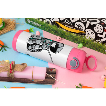 Little astronaut fishing, Easter candle, Childrens hot water bottle, stainless steel, with safety straw, PINK (500ml)