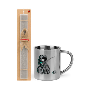 Αστροναύτης ψαρεύει στο διάστημα, Πασχαλινή Λαμπάδα με μεταλλική κούπα θερμό (300ml) & κερί αρωματικό πλακέ (30cm) (ΓΚΡΙ)