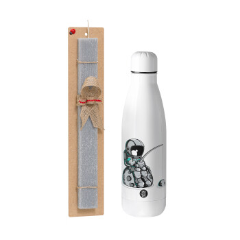Little astronaut fishing, Easter Set, metallic stainless thermos bottle (500ml) & scented flat Easter candle (30cm) (GRAY)
