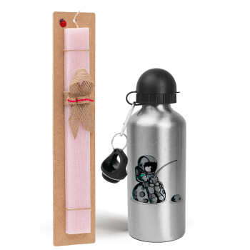 Little astronaut fishing, Easter Set, metallic Silver aluminum water bottle (500ml) & scented flat Easter candle (30cm) (PINK)