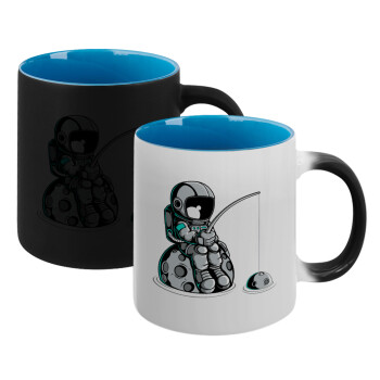 Αστροναύτης ψαρεύει στο διάστημα, Κούπα Μαγική εσωτερικό μπλε, κεραμική 330ml που αλλάζει χρώμα με το ζεστό ρόφημα