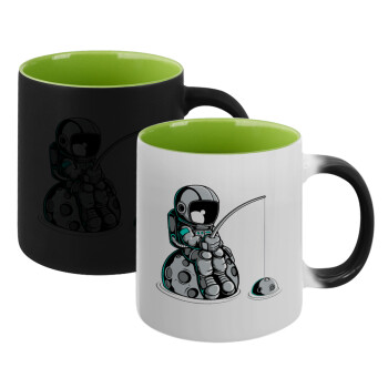 Little astronaut fishing, Κούπα Μαγική εσωτερικό πράσινο, κεραμική 330ml που αλλάζει χρώμα με το ζεστό ρόφημα