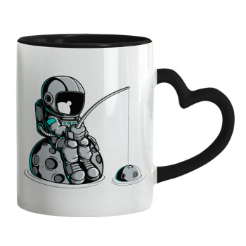 Αστροναύτης ψαρεύει στο διάστημα, Κούπα καρδιά χερούλι μαύρη, κεραμική, 330ml