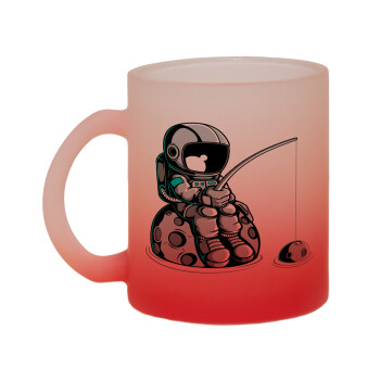 Little astronaut fishing, Κούπα γυάλινη δίχρωμη με βάση το κόκκινο ματ, 330ml