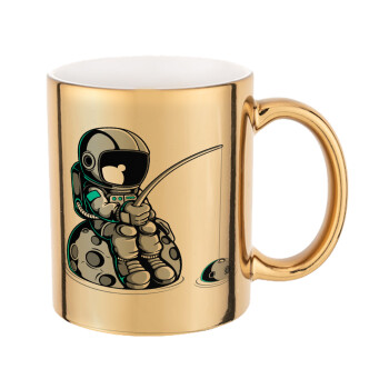 Little astronaut fishing, Mug ceramic, gold mirror, 330ml