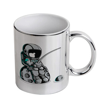 Little astronaut fishing, Mug ceramic, silver mirror, 330ml