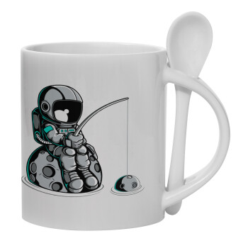 Little astronaut fishing, Ceramic coffee mug with Spoon, 330ml (1pcs)