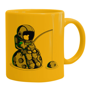 Little astronaut fishing, Ceramic coffee mug yellow, 330ml (1pcs)