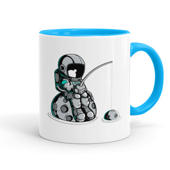 Little astronaut fishing, Mug colored light blue, ceramic, 330ml