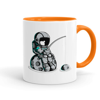Little astronaut fishing, Mug colored orange, ceramic, 330ml