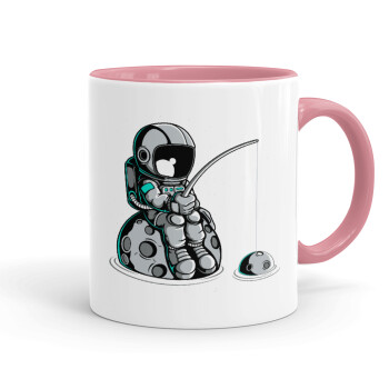 Little astronaut fishing, Mug colored pink, ceramic, 330ml