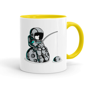 Little astronaut fishing, Mug colored yellow, ceramic, 330ml
