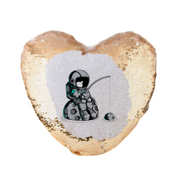 Little astronaut fishing, Μαξιλάρι καναπέ καρδιά Μαγικό Χρυσό με πούλιες 40x40cm περιέχεται το  γέμισμα