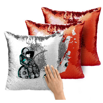 Αστροναύτης ψαρεύει στο διάστημα, Μαξιλάρι καναπέ Μαγικό Κόκκινο με πούλιες 40x40cm περιέχεται το γέμισμα