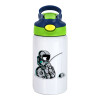 Children's hot water bottle, stainless steel, with safety straw, green, blue (350ml)