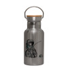 Stainless steel metallic thermos flask, silver with a bamboo lid, double-walled, 350ml.