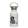 Metallic thermos (Stainless steel) White with wooden lid (bamboo), double-walled, 350ml