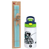 Easter Set, Children's thermal stainless steel bottle with safety straw, green/blue (350ml) & aromatic flat Easter candle (30cm) (TURQUOISE)