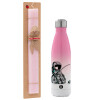 Easter Set, Metallic pink/white (Stainless steel) thermos, double-walled, 500ml & aromatic flat Easter candle (30cm) (PINK)