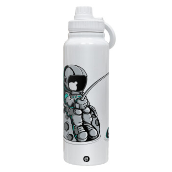 Little astronaut fishing, 1L Stainless Steel Thermal Bottle with Phone Holder & Double Wall Insulation