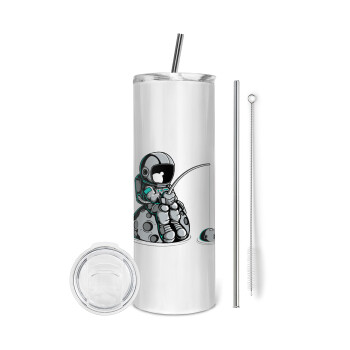Little astronaut fishing, Eco friendly stainless steel tumbler 600ml, with metal straw & cleaning brush