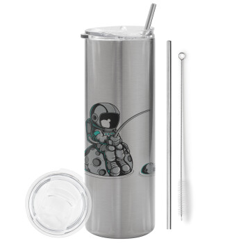 Little astronaut fishing, Eco friendly stainless steel Silver tumbler 600ml, with metal straw & cleaning brush