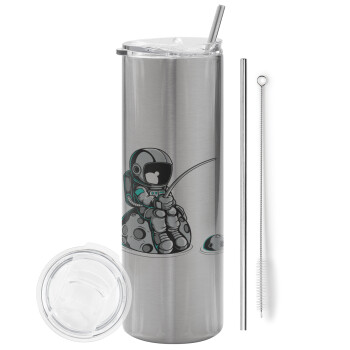 Little astronaut fishing, Tumbler stainless steel Silver 600ml, with metal straw & cleaning brush