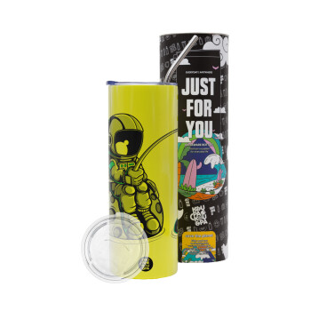 Αστροναύτης ψαρεύει στο διάστημα, Neon Yellow Travel Tumbler θερμό, μεταλλικό καλαμάκι(Ανωξείδωτο 304 Food grade, BPA free, 600ml)