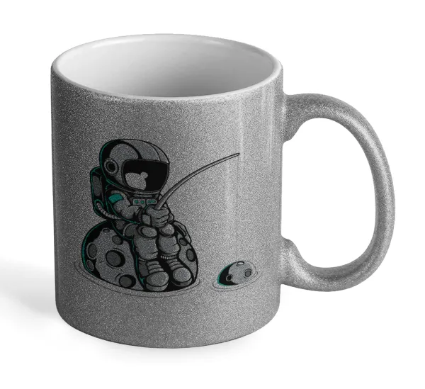 Little astronaut fishing — Silver glitter mug that sparkles, ceramic, 330ml