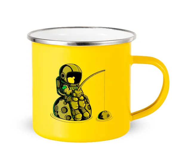 Little astronaut fishing — Yellow Enamel Metallic Cup 360ml