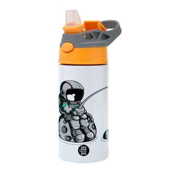 Αστροναύτης ψαρεύει στο διάστημα, Παιδικό παγούρι θερμό, ανοξείδωτο, με καλαμάκι ασφαλείας, Πορτοκαλί/Γκρι (360ml) BPA-FREE