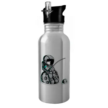 Αστροναύτης ψαρεύει στο διάστημα, Παγούρι νερού Ασημένιο με καλαμάκι, ανοξείδωτο ατσάλι 600ml