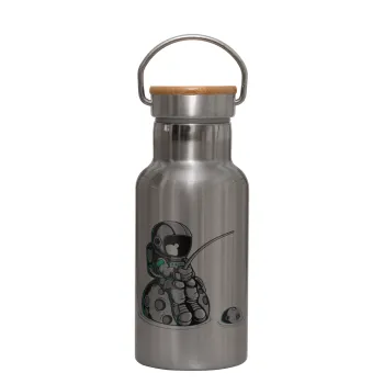 Little astronaut fishing, Stainless steel metallic thermos flask, silver with a bamboo lid, double-walled, 350ml.