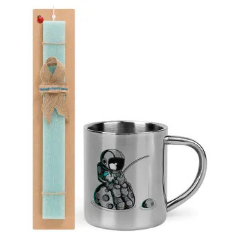 Αστροναύτης ψαρεύει στο διάστημα, Πασχαλινή Λαμπάδα με μεταλλική κούπα θερμό (300ml) & κερί αρωματικό πλακέ (30cm) (ΤΙΡΚΟΥΑΖ)