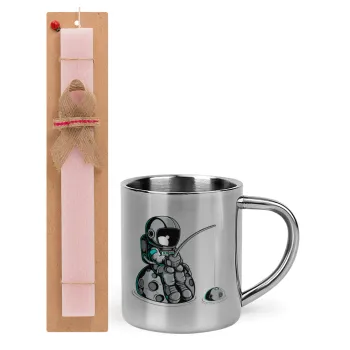 Little astronaut fishing, Easter Set, metallic thermal cup (300ml) & aromatic flat Easter candle (30cm) (PINK)