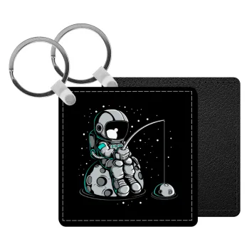 Αστροναύτης ψαρεύει στο διάστημα, Μπρελόκ Δερματίνη, τετράγωνο ΜΑΥΡΟ (5x5cm)