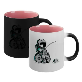 Αστροναύτης ψαρεύει στο διάστημα, Κούπα Μαγική εσωτερικό ΡΟΖ, κεραμική 330ml που αλλάζει χρώμα με το ζεστό ρόφημα