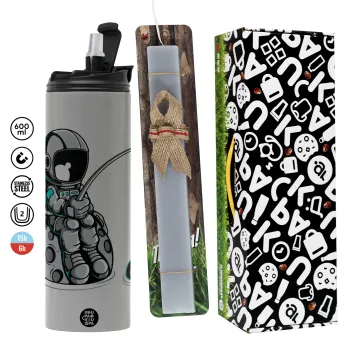 Αστροναύτης ψαρεύει στο διάστημα, Πασχαλινή Λαμπάδα με Travel Tumbler θερμό (600ml, BPA free) & κερί αρωματικό πλακέ (30cm) (ΓΚΡΙ)