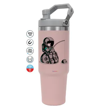 Little astronaut fishing, Pink color, 890ml (30oz) stainless Steel Tumbler with Handle