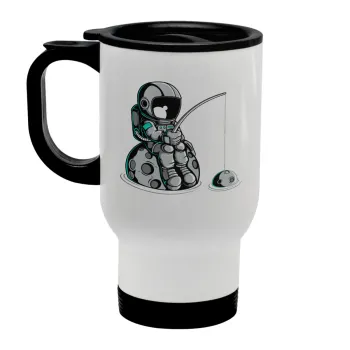 Αστροναύτης ψαρεύει στο διάστημα, Κούπα ταξιδιού ανοξείδωτη με καπάκι, διπλού τοιχώματος (θερμό) λευκή 450ml