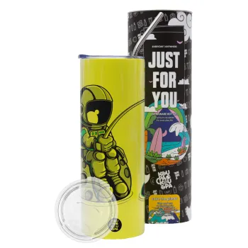 Αστροναύτης ψαρεύει στο διάστημα, Neon Yellow Travel Tumbler θερμό, μεταλλικό καλαμάκι(Ανωξείδωτο 304 Food grade, BPA free, 600ml)