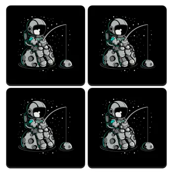 Little astronaut fishing, ΣΕΤ 4 Σουβέρ ξύλινα τετράγωνα (9cm)