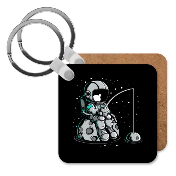 Little astronaut fishing, Μπρελόκ Ξύλινο τετράγωνο MDF