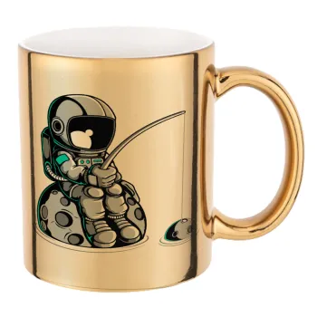 Little astronaut fishing, Mug ceramic, gold mirror, 330ml