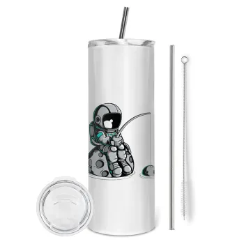 Αστροναύτης ψαρεύει στο διάστημα, Tumbler ποτήρι θερμό από ανοξείδωτο ατσάλι 600ml, με μεταλλικό καλαμάκι & βούρτσα καθαρισμού